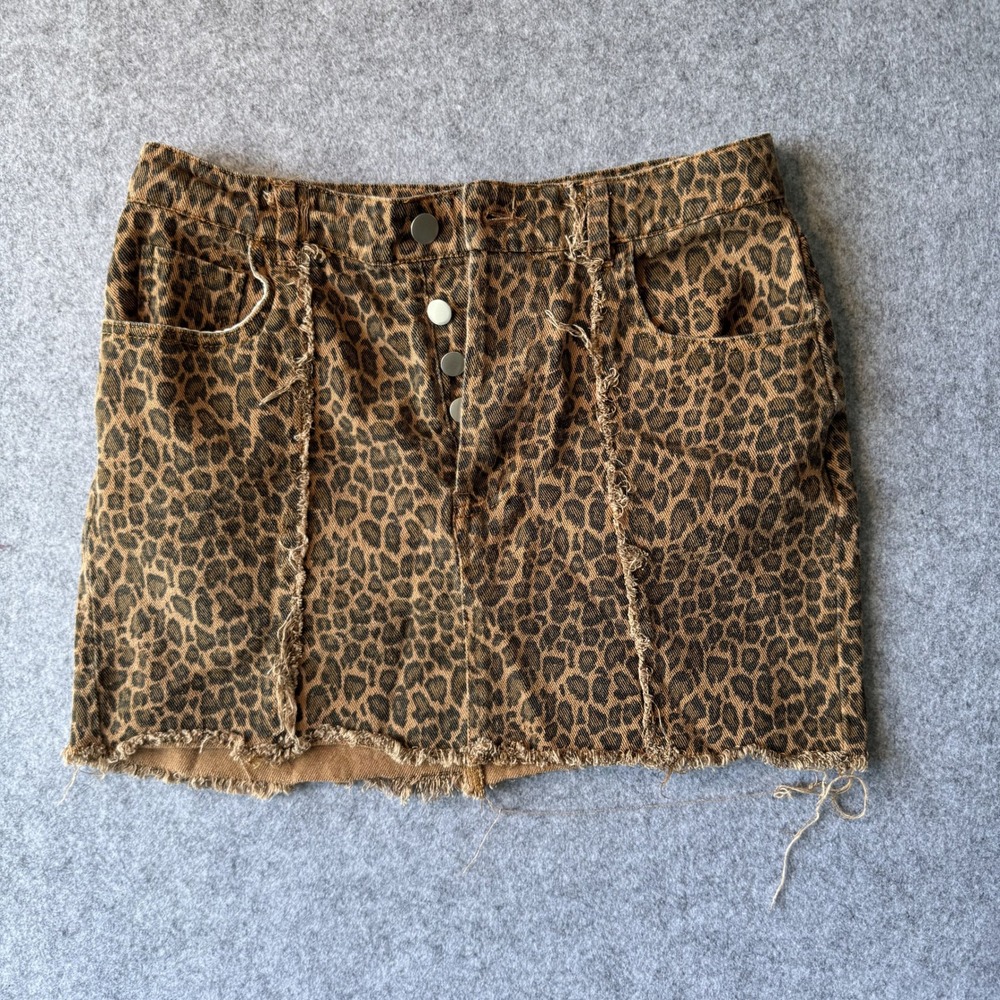 So Me Leopard Print Mini Skirt Small Brown Distressed Button Fly Cotton
